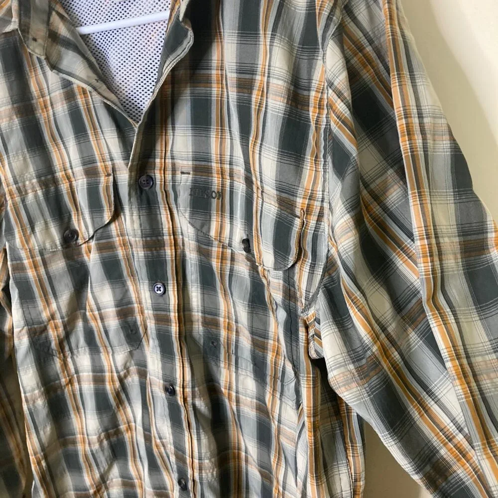 Filson Fishing Shirt Mens Small Twin Lakes Green Gold Plaid Lightweight Vented - Picture 5 of 11